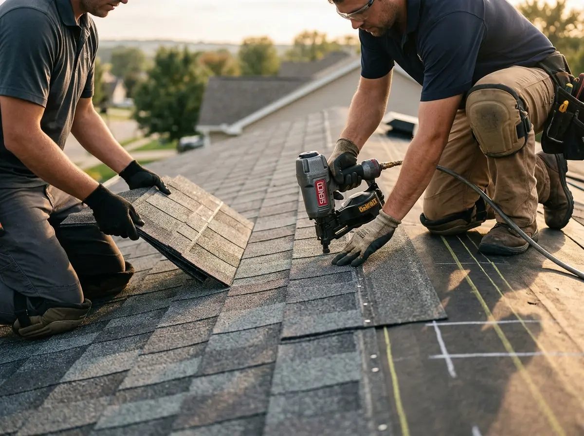 Professional roofer working on a residential roof in Fort Stewart